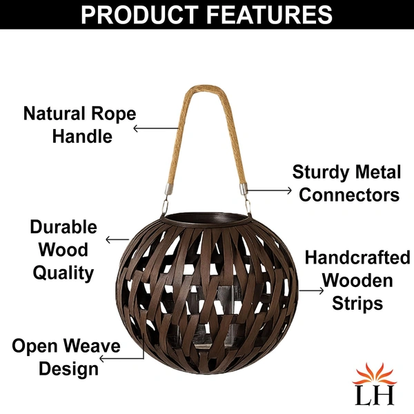 Luxe Home International Lantern Lamp, Woven Lantern Design, Glass Jar Insert, Versatile Hanging & Table Use, Cocoa, 27x36x36 cm - 27x36x36 cm, Colour 2