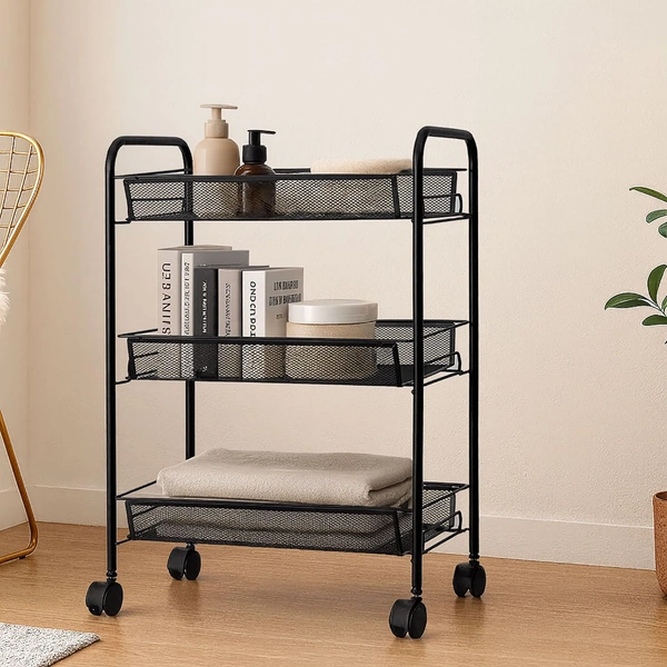 Luxe Home International 3-Tier Metal Storage Rack with Wheels - Multipurpose Mesh Organizer for Kitchen, Bathroom, Office & Living Room , Durable Utility Cart, Black (45x27x64 cm)