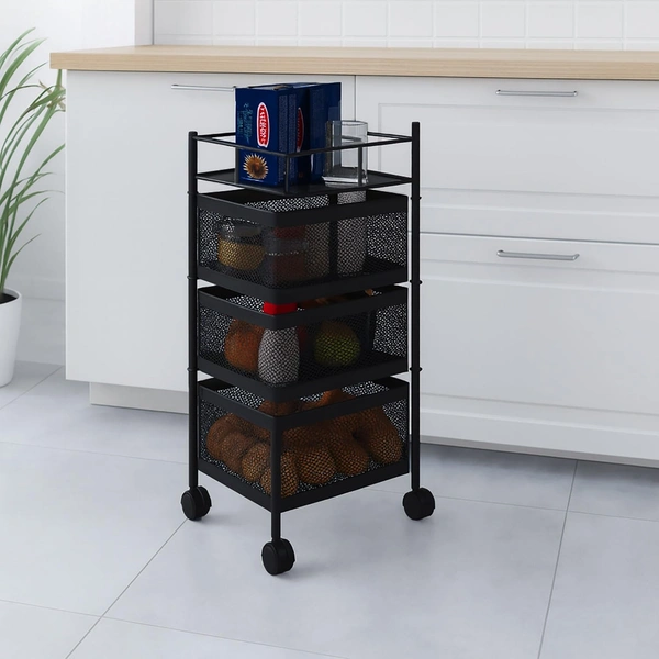 LUXE HOME INTERNATIONAL 3-Tier Revolving Kitchen Trolley with Wheels | Vegetable Metal Trolley Rack | Multipurpose Metal Storage Organizer | Square Design, 360Â° Rotating Utility Cart (Black 29x29x65)