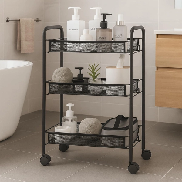 Luxe Home International LUXE HOME INTERNATIONAL 3-Tier Revolving Kitchen Trolley with Wheels | Vegetable Metal Trolley Rack | Multipurpose Metal Storage Organizer | Square Design, 360° Rotating Utility Cart (Black 45x27x64) - Black Rectangular 3, Black