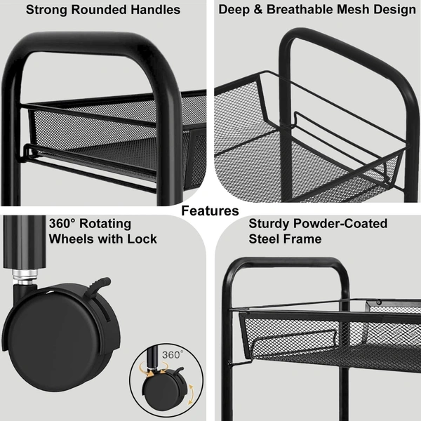 Luxe Home International LUXE HOME INTERNATIONAL 3-Tier Revolving Kitchen Trolley with Wheels | Vegetable Metal Trolley Rack | Multipurpose Metal Storage Organizer | Square Design, 360° Rotating Utility Cart (Black 45x27x64) - Black Rectangular 3, Black