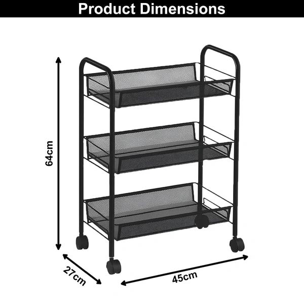 Luxe Home International LUXE HOME INTERNATIONAL 3-Tier Revolving Kitchen Trolley with Wheels | Vegetable Metal Trolley Rack | Multipurpose Metal Storage Organizer | Square Design, 360° Rotating Utility Cart (Black 45x27x64) - Black Rectangular 3, Black