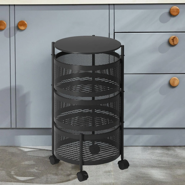 LUXE HOME INTERNATIONAL 3-Tier Revolving Kitchen Trolley with Wheels |Vegetable Metal Trolley Rack | Multipurpose Metal Storage Organizer | Round Design, 360Â° Rotating Utility Cart (Black 32x32x60)