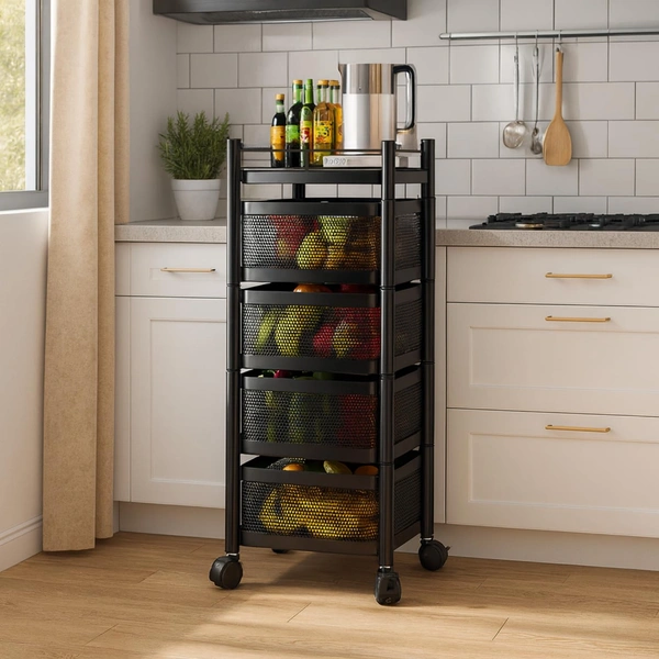LUXE HOME INTERNATIONAL 4-Tier Revolving Kitchen Trolley with Wheels | Vegetable Metal Trolley Rack | Multipurpose Metal Storage Organizer | Square Design, 360Â° Rotating Utility Cart (Black 29x29x80)