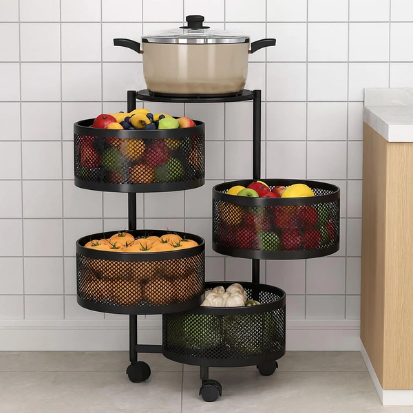 LUXE HOME INTERNATIONAL 4-Tier Revolving Kitchen Trolley with Wheels |Vegetable Metal Trolley Rack | Multipurpose Metal Storage Organizer | Round Design, 360Â° Rotating Utility Cart (Black 32x32x75)