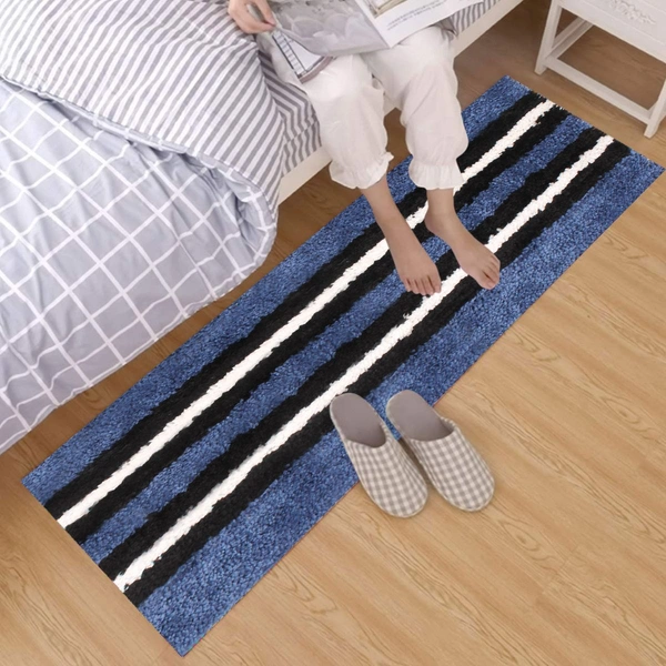 Luxe Home International Runner Stripe Microfiber 1600 GSM Anti-Skid ( Blue, Chocolate , 58 Cm x 140 Cm + 38x58 Cm , Pack of 2 ) - Blue, Chocolate