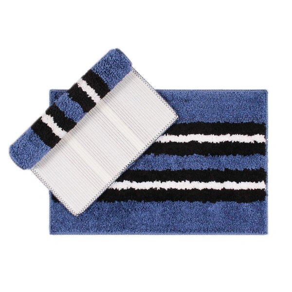 Luxe Home International Bathmat Stripe Microfiber 1600 GSM Anti-Skid ( Blue , 38 Cm x 58 Cm , Pack of 2 ) - Blue
