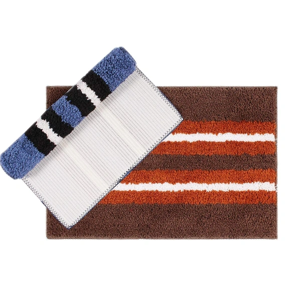Luxe Home International Bathmat Stripe Microfiber 1600 GSM Anti-Skid ( Blue, Terra , 38 Cm x 58 Cm , Pack of 2 ) - Blue, Terra