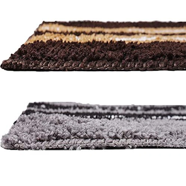 Luxe Home International Bathmat Stripe Microfiber 1600 GSM Anti-Skid ( Grey, Chocolate , 38 Cm x 58 Cm , Pack of 2 ) - Grey, Chocolate