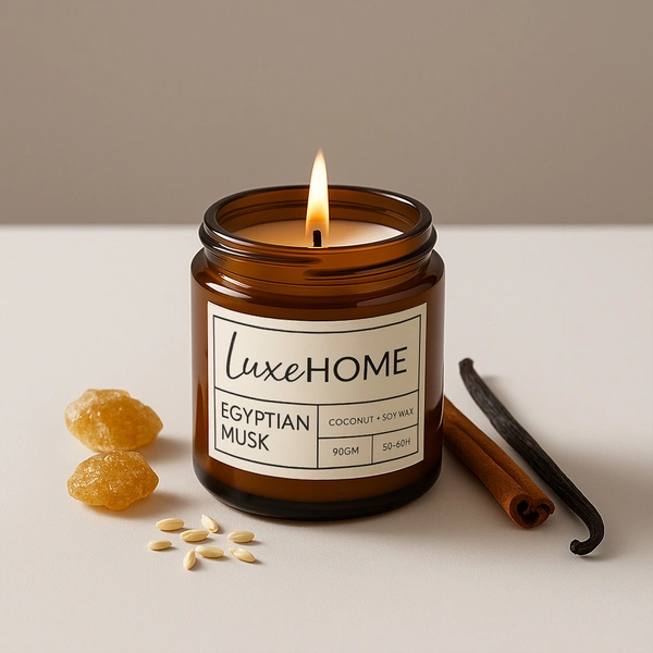 Luxe Home International Egyptian Musk Scented Candle 7x6 cm for Home Decor Bedroom Living Room Spa Bathroom Party Romantic Dinner and Gifting Pack of 1 Candle - 7.5x6cm, Brown