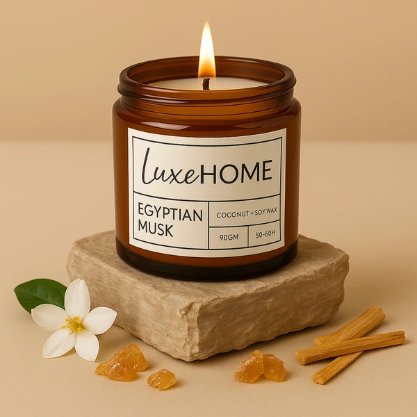 Luxe Home International Egyptian Musk Scented Candle 7x6 cm for Home Decor Bedroom Living Room Spa Bathroom Party Romantic Dinner and Gifting Pack of 1 Candle - 7.5x6cm, Brown