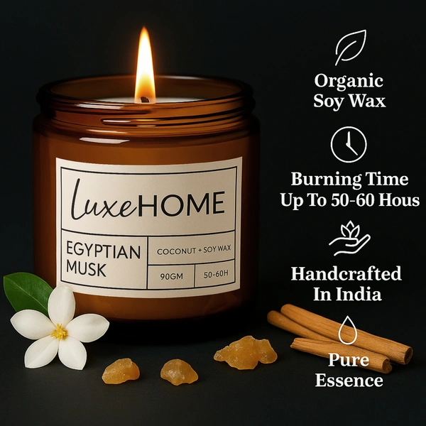 Luxe Home International Egyptian Musk Scented Candle 7x6 cm for Home Decor Bedroom Living Room Spa Bathroom Party Romantic Dinner and Gifting Pack of 1 Candle - 7.5x6cm, Brown