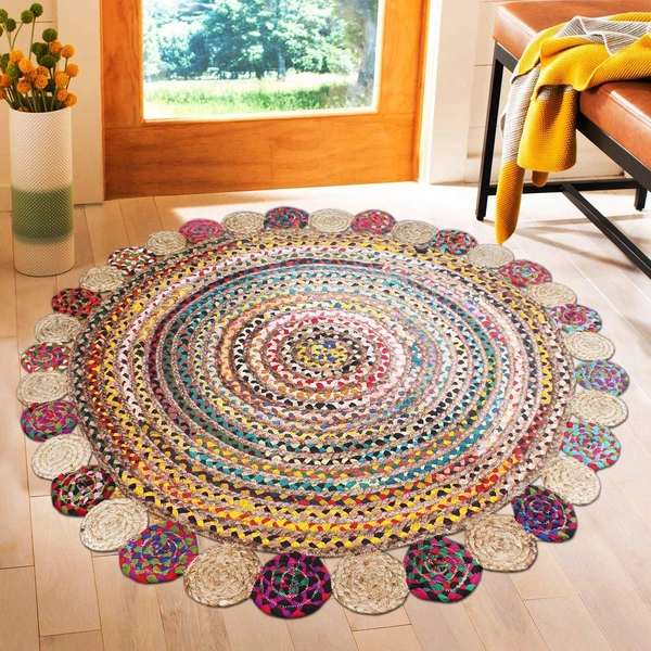 Luxe Home International Hand Made Jute Rug for Living Room ( Multi, 4x4 Round ) - Multi