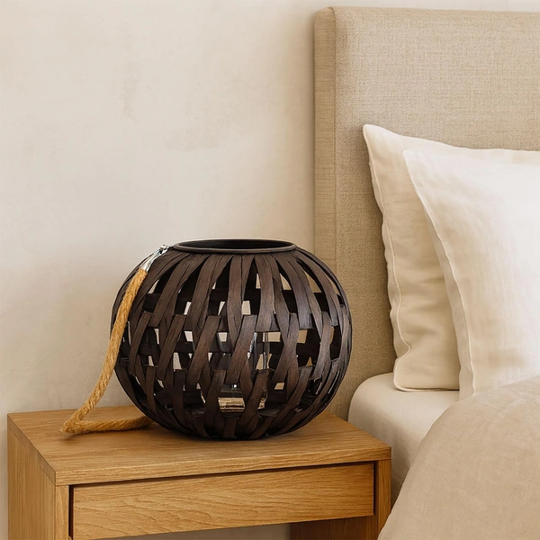 Luxe Home International Lantern Lamp, Woven Lantern Design, Glass Jar Insert, Versatile Hanging & Table Use, Cocoa, 27x36x36 cm