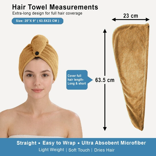 Luxe Home International LUXE HOME INTERNATIONAL Microfibre Hair Towel Wrap for Women and Men, Super Absorbent Hair Drying Cap for Long Hair, 23x63.5 cm, Beige, Pack of 1 - 23x63.5 cm Pack of 1, Beige