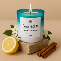 Luxe Home International Musk Shamal Scented Candle 7.5x7 cm for Home Decor Bedroom Living Room Spa Bathroom Party Romantic Dinner and Gifting Pack of 1 Candle - 7.5x7cm, Aqua