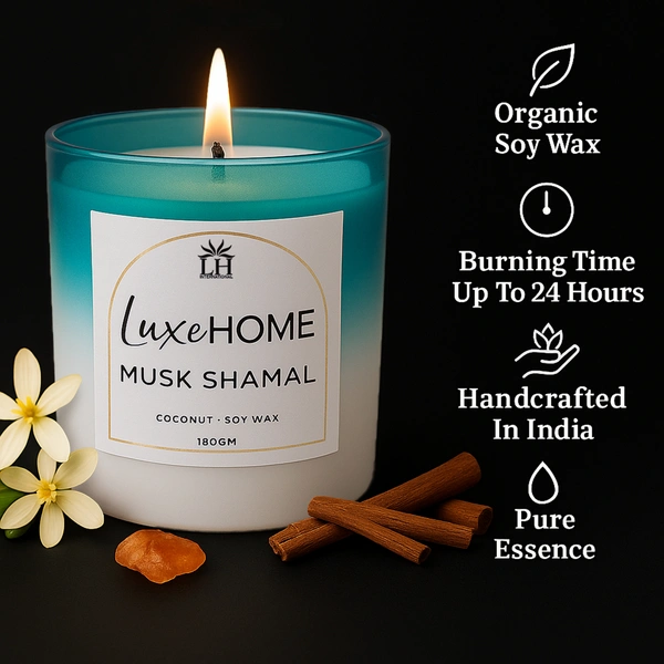 Luxe Home International Musk Shamal Scented Candle 7.5x7 cm for Home Decor Bedroom Living Room Spa Bathroom Party Romantic Dinner and Gifting Pack of 1 Candle - 7.5x7cm, Aqua