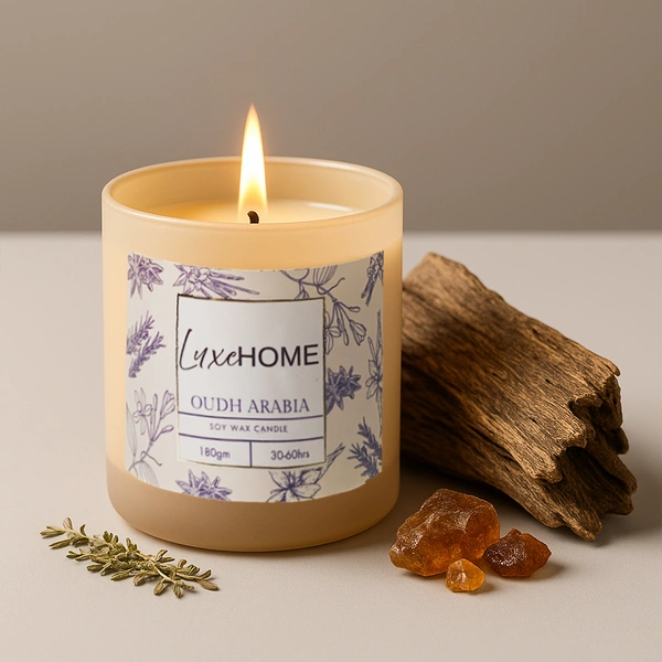 Luxe Home International Oudh Arabia Scented Candle 7.5x7 cm for Home Decor Bedroom Living Room Spa Bathroom Party Romantic Dinner and Gifting Pack of 1 Candle - 7.5x7cm, Beige