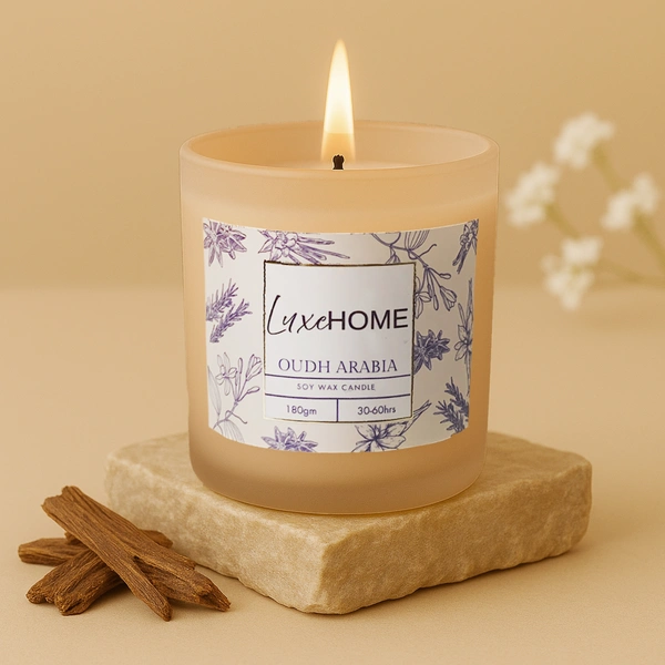 Luxe Home International Oudh Arabia Scented Candle 7.5x7 cm for Home Decor Bedroom Living Room Spa Bathroom Party Romantic Dinner and Gifting Pack of 1 Candle - 7.5x7cm, Beige