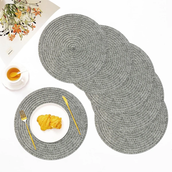 Luxe Home International PVC Silver Plain Weave Design Round Dining Table Placemat , Heat Resistant, Non-Slip Table Mat for Kitchen & Home (15x15 Inches) Pack of 6 - 15x15, Silver