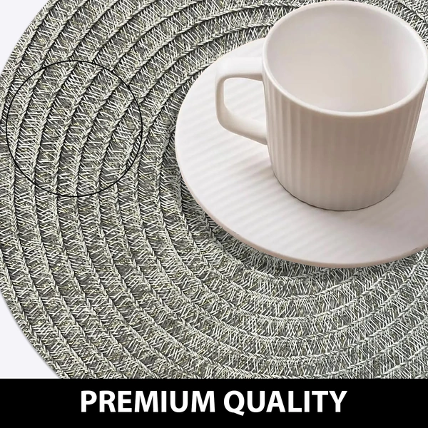 Luxe Home International PVC Silver Plain Weave Design Round Dining Table Placemat , Heat Resistant, Non-Slip Table Mat for Kitchen & Home (15x15 Inches) Pack of 6 - 15x15, Silver