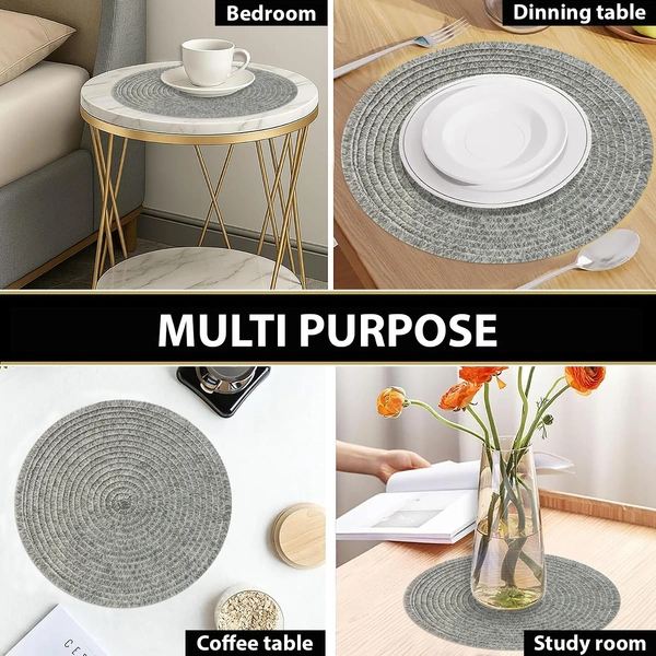 Luxe Home International PVC Silver Plain Weave Design Round Dining Table Placemat , Heat Resistant, Non-Slip Table Mat for Kitchen & Home (15x15 Inches) Pack of 6 - 15x15, Silver