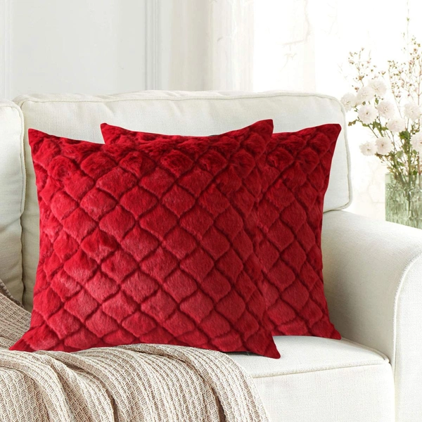 Luxe Home International Rabbit Fur Diamond Design Ultra Soft Cushion Cover Both Side Fur for Home Décor, Sofa, Bedroom, Festival Gifting, Living Room 16x16 Set of 2 - Maroon