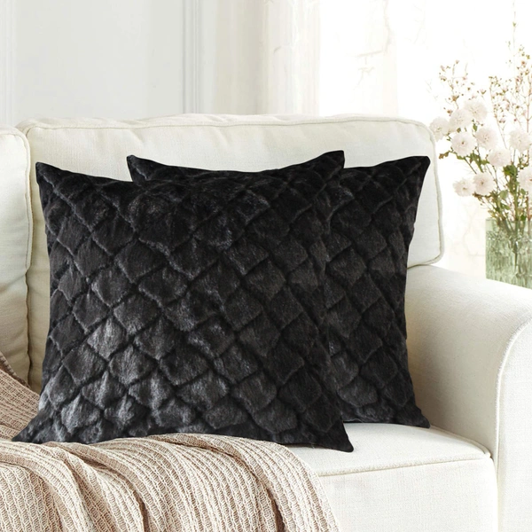 Luxe Home International Rabbit Fur Diamond Design Ultra Soft Cushion Cover Both Side Fur for Home Décor, Sofa, Bedroom, Festival Gifting, Living Room 16x16 Set of 2 - Anthra