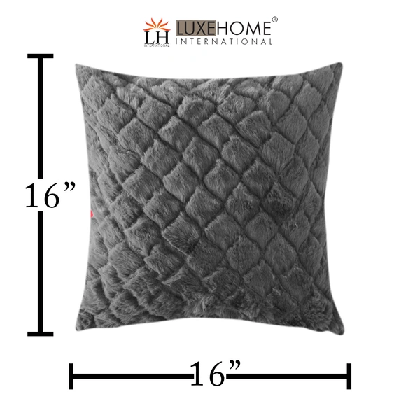 Luxe Home International Rabbit Fur Diamond Design Ultra Soft Cushion Cover Both Side Fur for Home Décor, Sofa, Bedroom, Festival Gifting, Living Room 16x16 Set of 2 - Grey