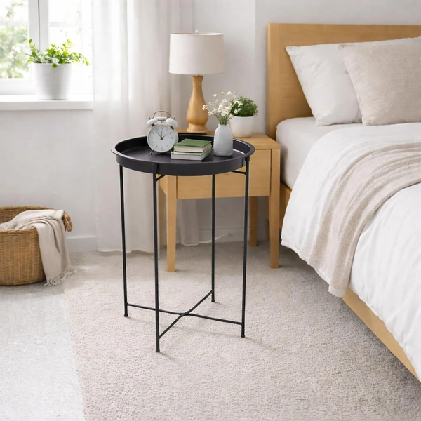 LUXE HOME INTERNATIONAL Round Metal Side Table for Living Room & Bedroom â€“ Modern Bedside Table, Coffee Table, Corner Table with Sturdy Iron Frame, Black, 33x33x48-Small