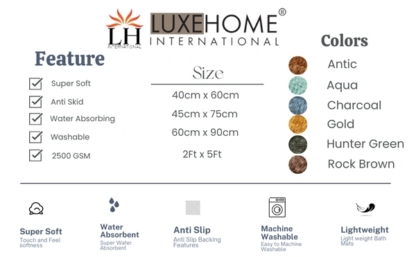 Luxe Home International Bathmat Hawaii Microfiber 2500 GSM Anti-Skid ( Gold , 40 Cm x 60 Cm , Pack of 1 ) - 40x60 cm, Gold
