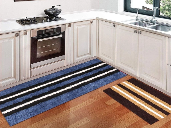 Luxe Home International Runner Stripe Microfiber 1600 GSM Anti-Skid ( Blue, Chocolate , 58 Cm x 140 Cm + 38x58 Cm , Pack of 2 ) - Blue, Chocolate