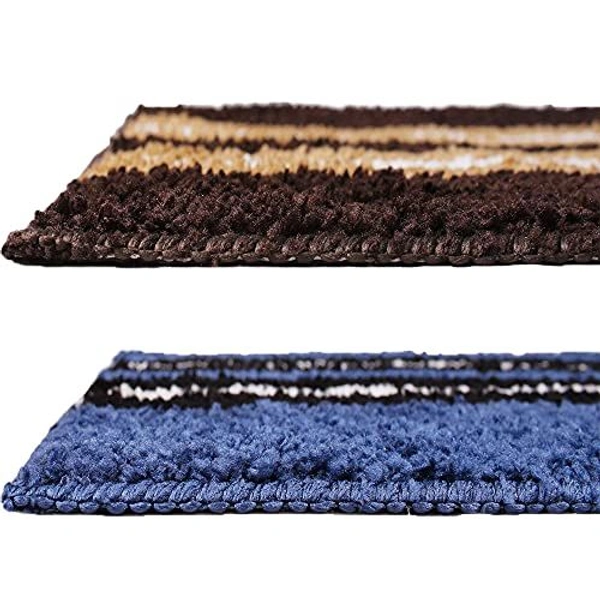 Luxe Home International Runner Stripe Microfiber 1600 GSM Anti-Skid ( Blue, Chocolate , 58 Cm x 140 Cm + 38x58 Cm , Pack of 2 ) - Blue, Chocolate