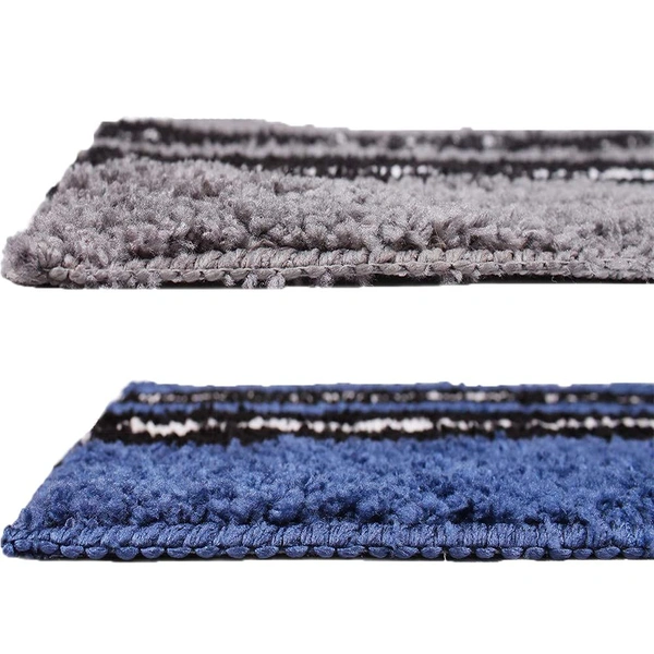 Luxe Home International Bathmat Stripe Microfiber 1600 GSM Anti-Skid ( Blue, Grey , 38 Cm x 58 Cm , Pack of 2 ) - Blue, Grey