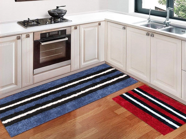 Luxe Home International Runner Stripe Microfiber 1600 GSM Anti-Skid ( Blue, Maroon , 58 Cm x 140 Cm + 38x58 Cm , Pack of 2 ) - Blue, Maroon