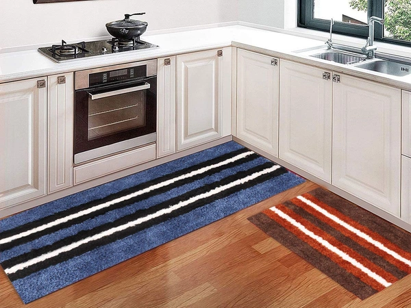 Luxe Home International Runner Stripe Microfiber 1600 GSM Anti-Skid ( Blue, Terra , 58 Cm x 140 Cm + 38x58 Cm , Pack of 2 ) - Blue, Terra