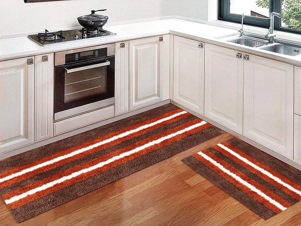 Luxe Home International Runner Stripe Microfiber 1600 GSM Anti-Skid ( Terra , 58 Cm x 140 Cm + 38x58 Cm , Pack of 2 ) - Terra