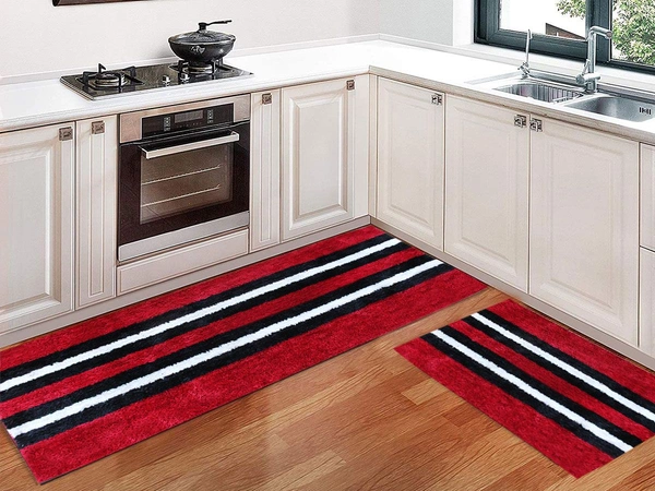 Luxe Home International Runner Stripe Microfiber 1600 GSM Anti-Skid ( Maroon , 58 Cm x 140 Cm + 38x58 Cm , Pack of 2 ) - Maroon