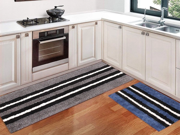 Luxe Home International Runner Stripe Microfiber 1600 GSM Anti-Skid ( Grey, Blue , 58 Cm x 140 Cm + 38x58 Cm , Pack of 2 ) - Grey, Blue