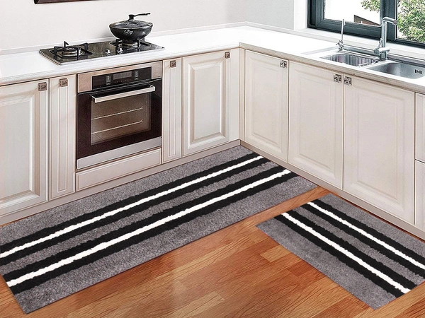 Luxe Home International Runner Stripe Microfiber 1600 GSM Anti-Skid ( Grey , 58 Cm x 140 Cm + 38x58 Cm , Pack of 2 ) - Grey