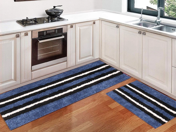 Luxe Home International Runner Stripe Microfiber 1600 GSM Anti-Skid ( Blue , 58 Cm x 140 Cm + 38x58 Cm , Pack of 2 ) - Blue