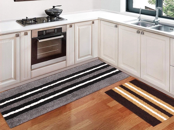 Luxe Home International Runner Stripe Microfiber 1600 GSM Anti-Skid ( Grey, Chocolate , 58 Cm x 140 Cm + 38x58 Cm , Pack of 2 ) - Grey, Chocolate