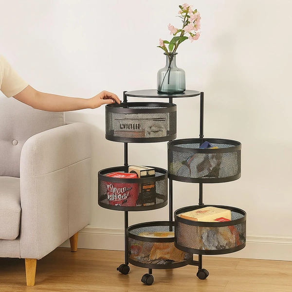 Luxe Home International Storage Trolley Round , 5-Tier Revolving Vegetable Kitchen Rack , Square Multipurpose Storage Rack with Wheels , Metal Fruit Storage Rack , Kitchen Spice Rack (Black 32x32x90)