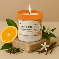 Luxe Home International Venetian Bergamot Scented Candle 7.5x7 cm for Home Decor Bedroom Living Room Spa Bathroom Party Romantic Dinner and Gifting Pack of 1 Candle - 7.5x7cm, Orange