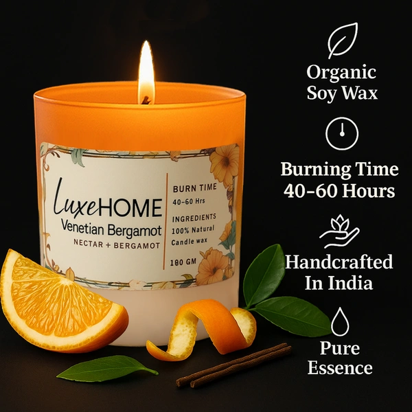 Luxe Home International Venetian Bergamot Scented Candle 7.5x7 cm for Home Decor Bedroom Living Room Spa Bathroom Party Romantic Dinner and Gifting Pack of 1 Candle - 7.5x7cm, Orange