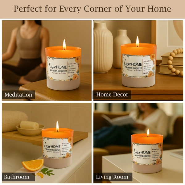 Luxe Home International Venetian Bergamot Scented Candle 7.5x7 cm for Home Decor Bedroom Living Room Spa Bathroom Party Romantic Dinner and Gifting Pack of 1 Candle - 7.5x7cm, Orange