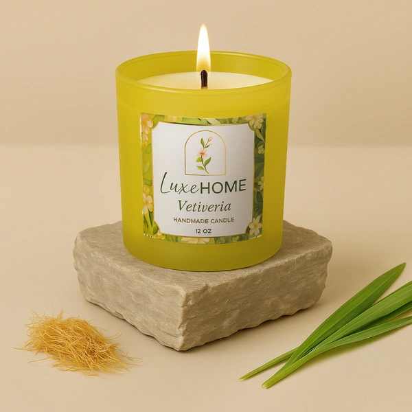 Luxe Home International Vetiveria Scented Candle 7.5x7 cm for Home Decor Bedroom Living Room Spa Bathroom Party Romantic Dinner and Gifting Pack of 1 Candle - 7.5x7cm, Mustard