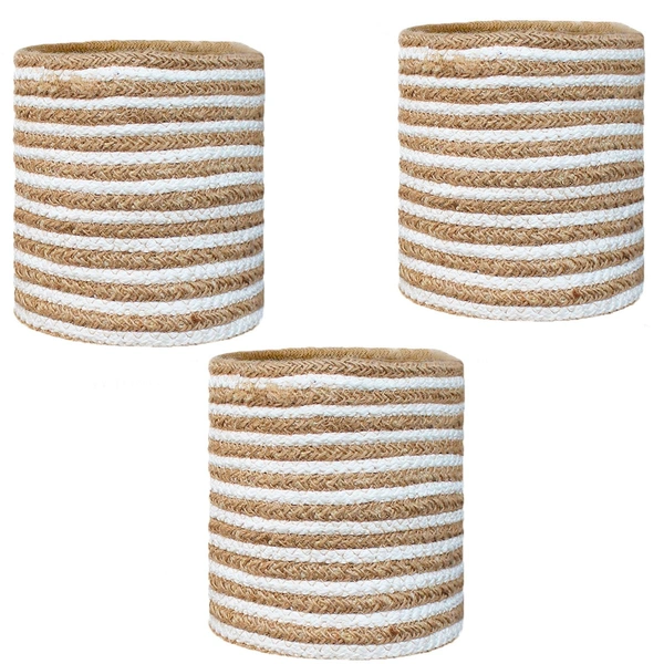 Luxe Home International Luxe Home Jute Planter Pots or Storing Basket For Storage In Kitchen Pantry Or Bedroom ( Stripe Brown, 6"x6", Pack of 3 ) - Stripe Brown