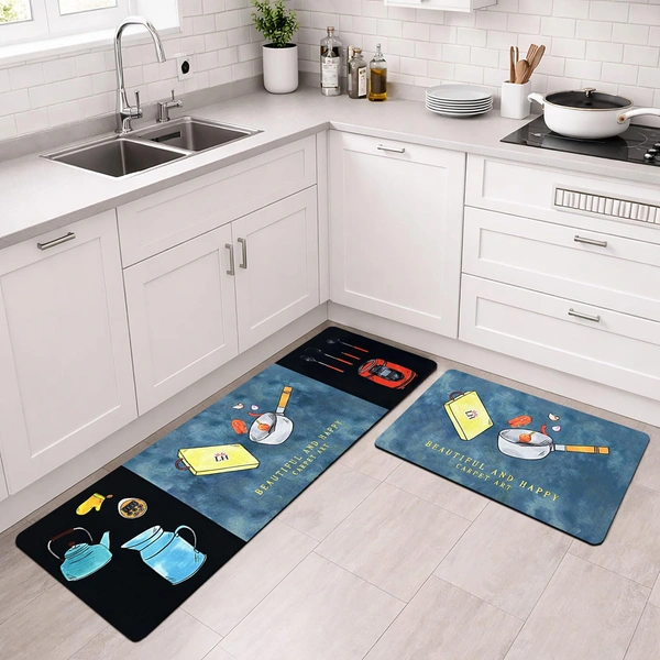 Luxe Home Kitchen Mat Combo Beautiful and Happy Design Standing Desk Floor Mat Non Slip Kitchen Rugs, Comfort Runner Floor for Home Office, Sink & Laundry - Blue (116x36 & 58x36 cm PC-2)