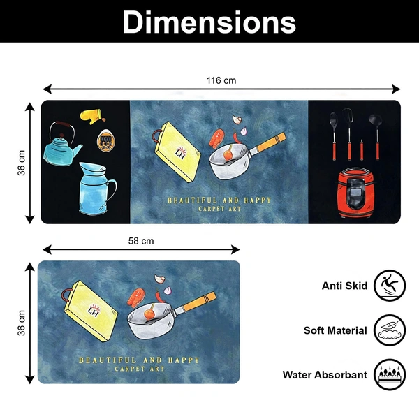Luxe Home International Luxe Home Kitchen Mat Combo Beautiful and Happy Design Standing Desk Floor Mat Non Slip Kitchen Rugs, Comfort Runner Floor for Home Office, Sink & Laundry - Blue (116x36 & 58x36 cm PC-2) - 116x36 & 58x36 CM, Blue